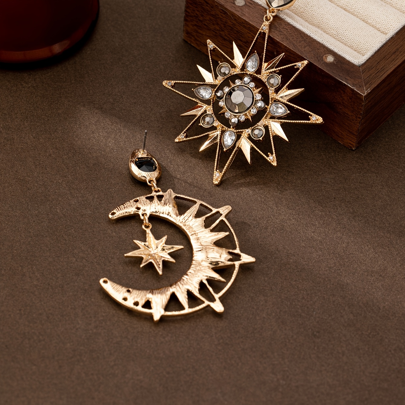 Boho Sun & Moon Dangle Earrings with Rhinestones Golden Tone